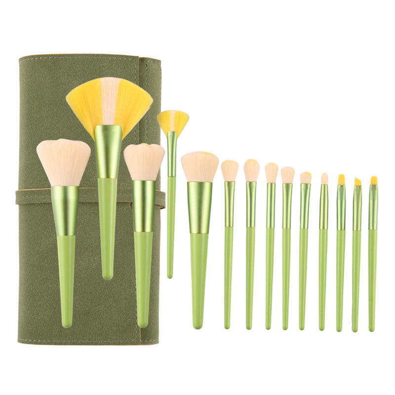 Custom Logo Beauty Foundation Blush Eye Shadow Makeup Brush Set Private Label Green Flower 14pcs Makeup Brushes