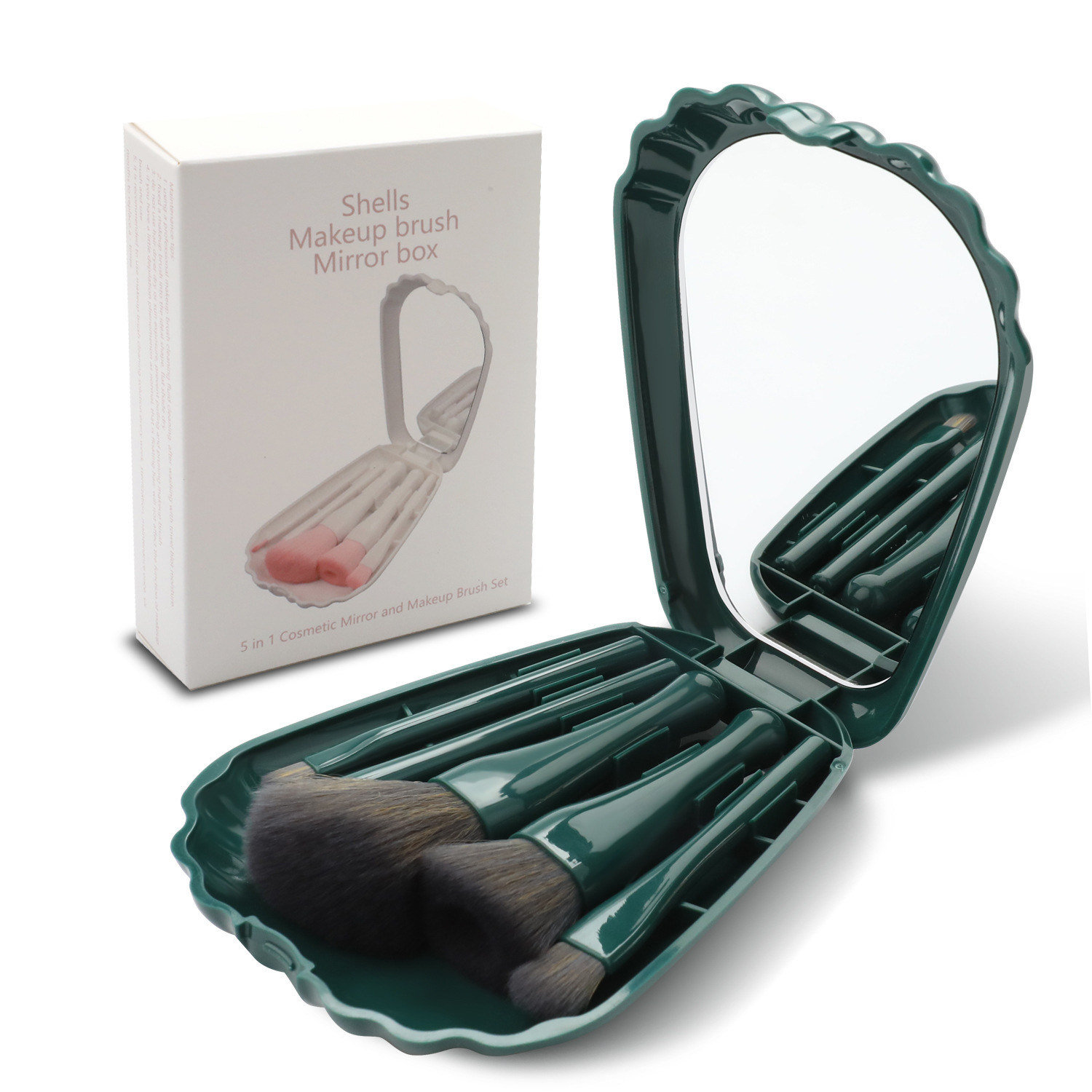 5 In 1 Two-Color Nanofiber Hair Mini Travel Portable Soft Makeup Brush Set With Shell Shape Cosmetic Mirror