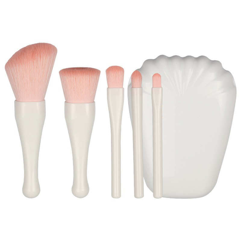 5 In 1 Two-Color Nanofiber Hair Mini Travel Portable Soft Makeup Brush Set With Shell Shape Cosmetic Mirror