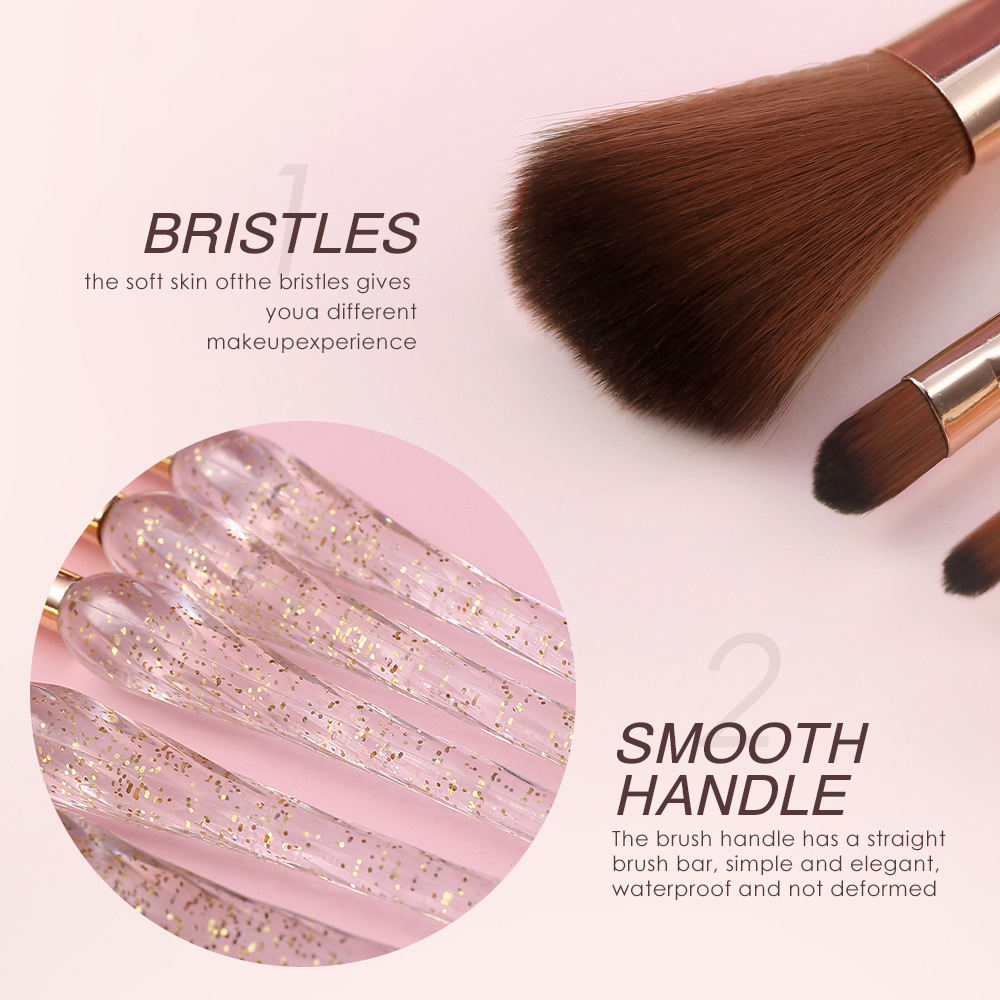 Brochash De Maquillaje Private Label 5pcs Gold Red Glitter Custom Transparent Crystal Handle Makeup Brush Set