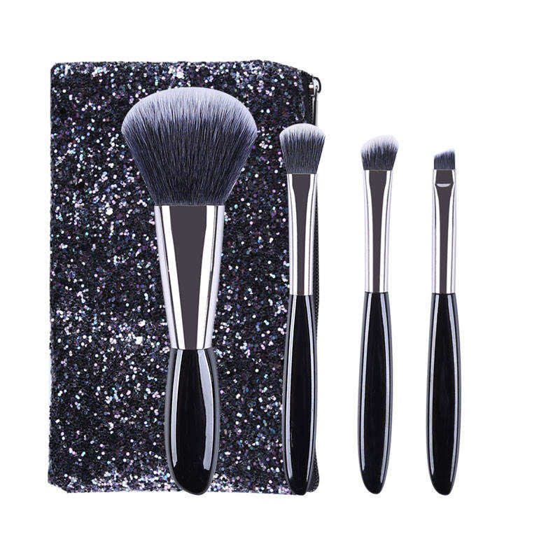 Short Handle Small Eyeshadow Eyebrow Brush Beauty Tools Travel Mini 4pcs Portable Makeup Brush Set With Glitter Cosmetic Bag