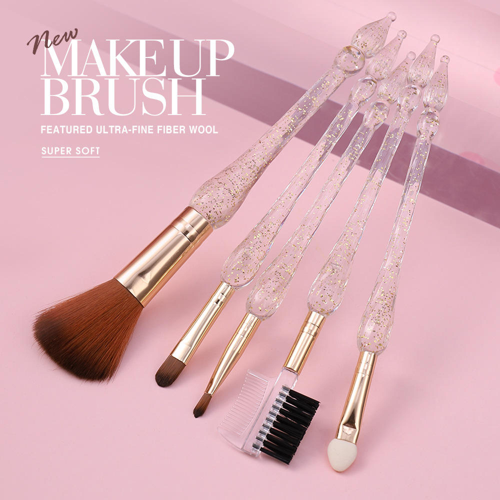 Brochash De Maquillaje Private Label 5pcs Gold Red Glitter Custom Transparent Crystal Handle Makeup Brush Set