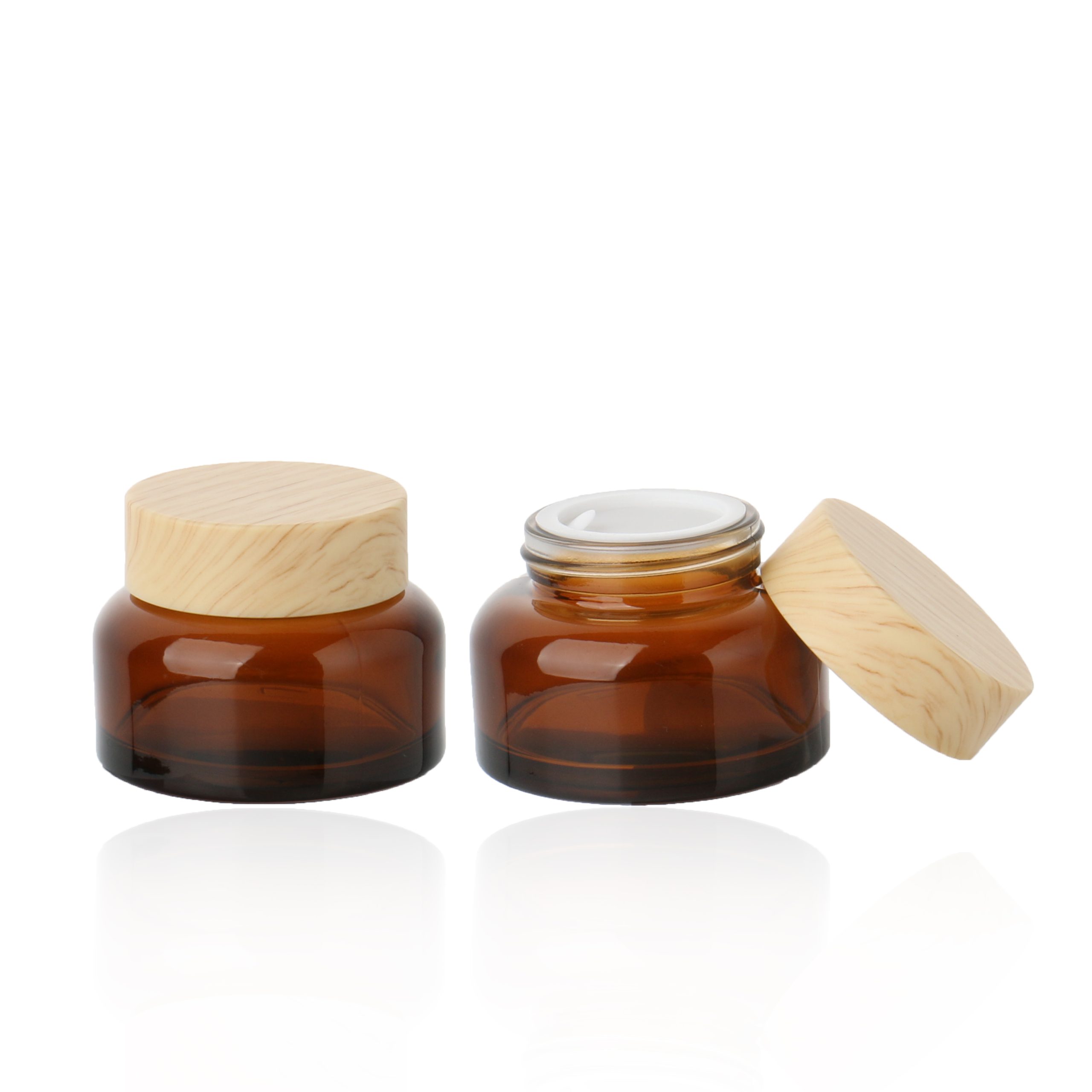 Flat Glass Skin Care Essential Lotion Pump Bottle 30ml 50ml 100ml Skincare Packaging Bottle And Jar With Beech Wooden Cap