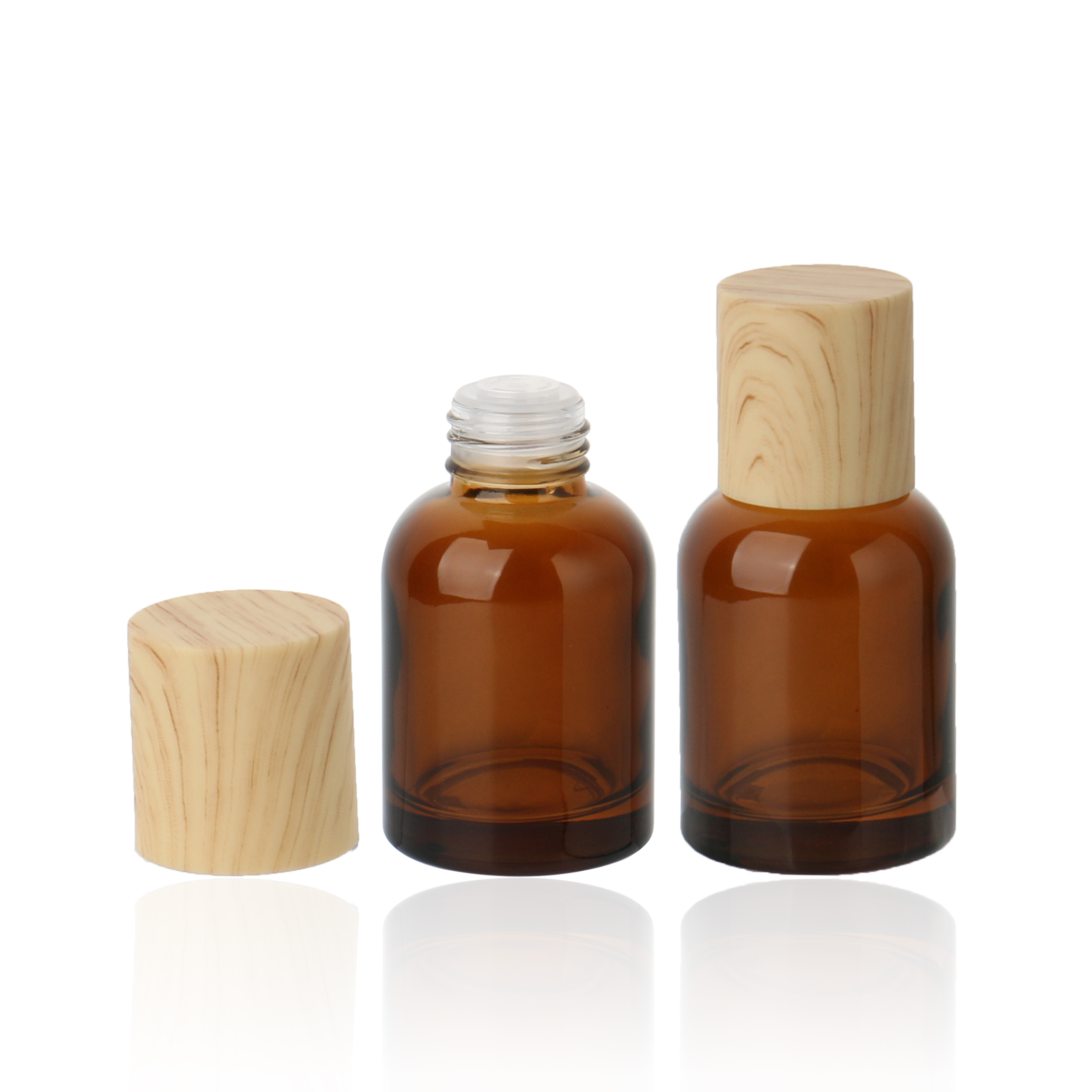 Flat Glass Skin Care Essential Lotion Pump Bottle 30ml 50ml 100ml Skincare Packaging Bottle And Jar With Beech Wooden Cap