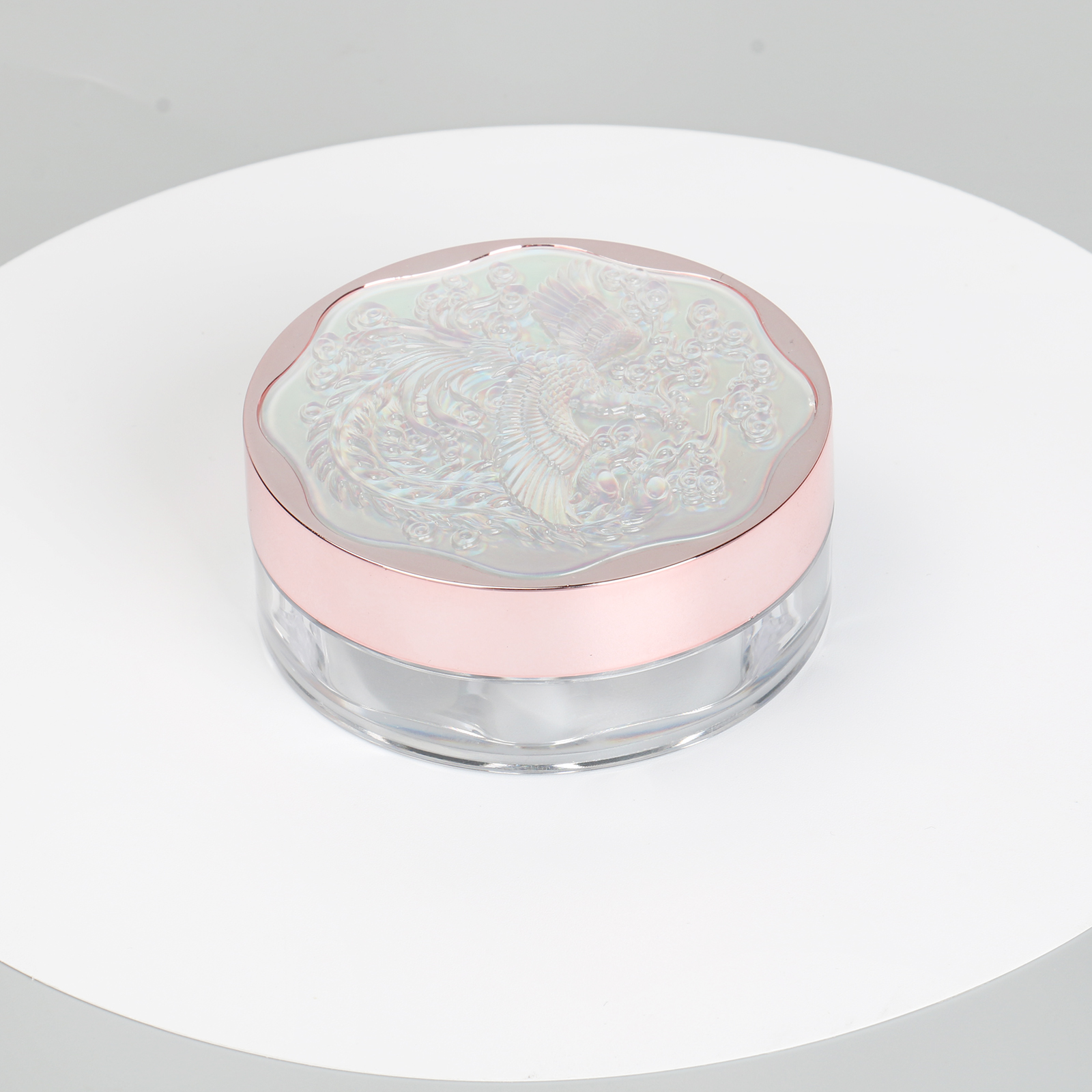 Embossed Design Cosmetic Empty Powder Container Case 20g Plastic Loose Powder Jar With Pull Inner Pan And Elastic Sifter