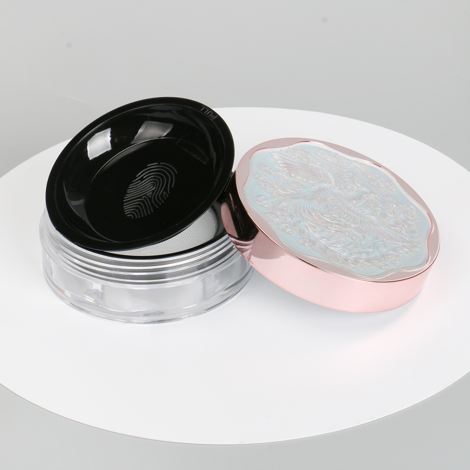 Embossed Design Cosmetic Empty Powder Container Case 20g Plastic Loose Powder Jar With Pull Inner Pan And Elastic Sifter