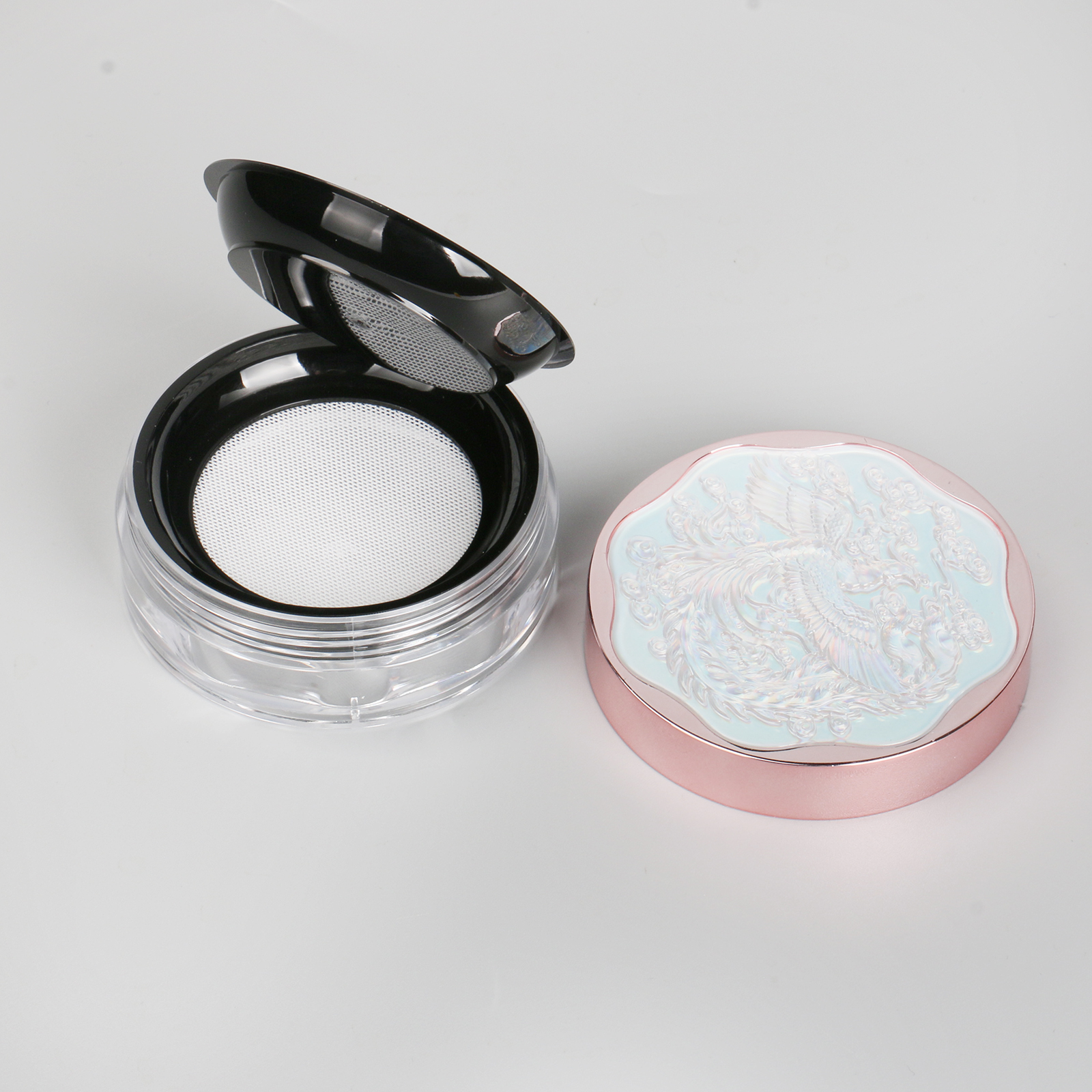 Embossed Design Cosmetic Empty Powder Container Case 20g Plastic Loose Powder Jar With Pull Inner Pan And Elastic Sifter