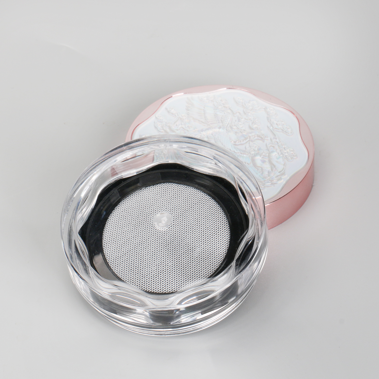 Embossed Design Cosmetic Empty Powder Container Case 20g Plastic Loose Powder Jar With Pull Inner Pan And Elastic Sifter