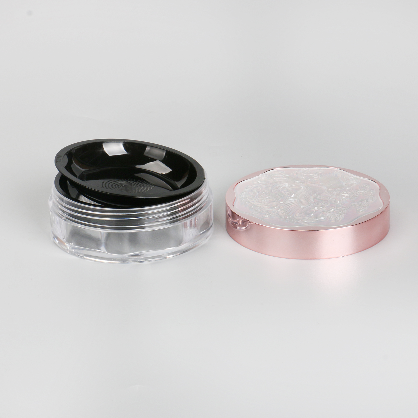 Embossed Design Cosmetic Empty Powder Container Case 20g Plastic Loose Powder Jar With Pull Inner Pan And Elastic Sifter