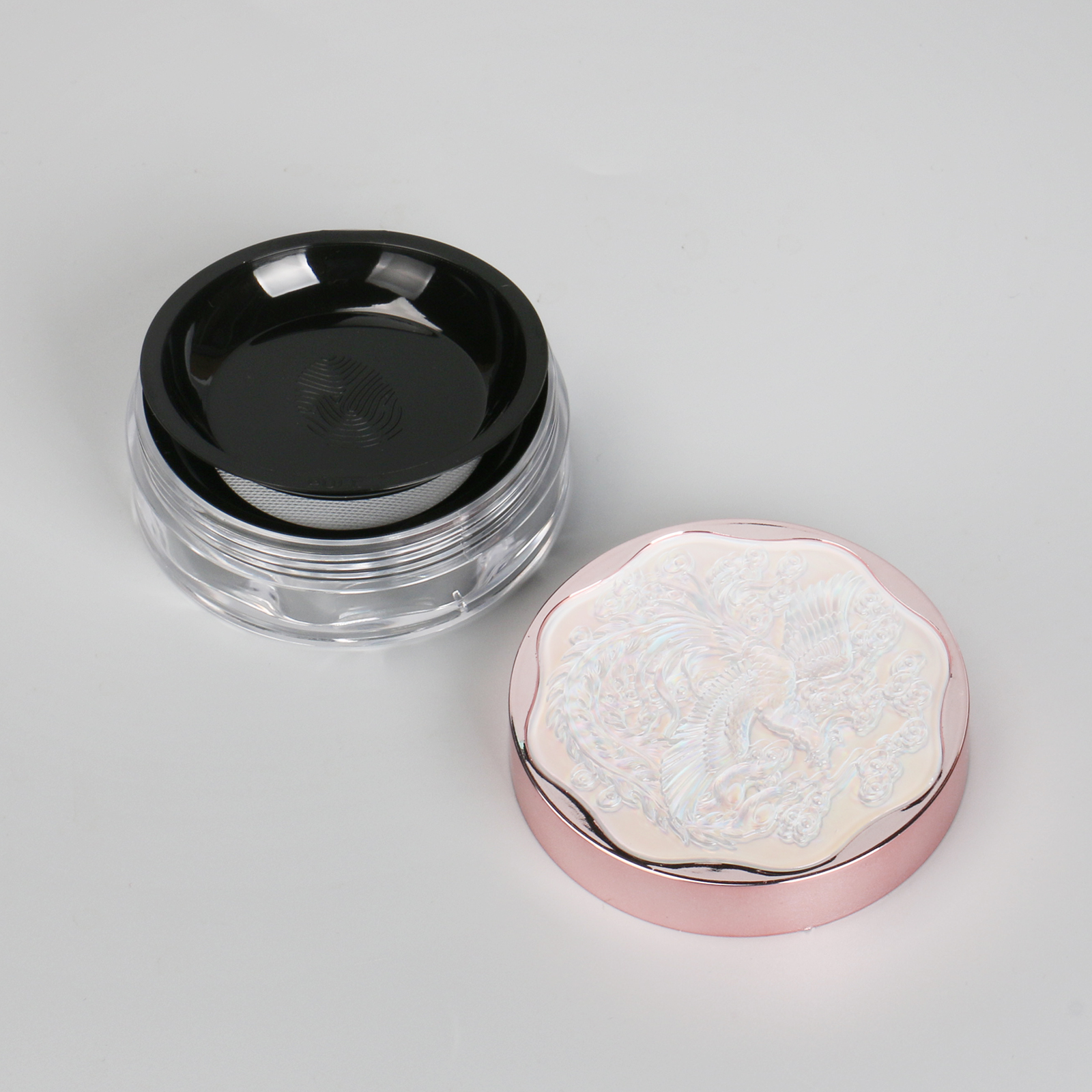 Embossed Design Cosmetic Empty Powder Container Case 20g Plastic Loose Powder Jar With Pull Inner Pan And Elastic Sifter