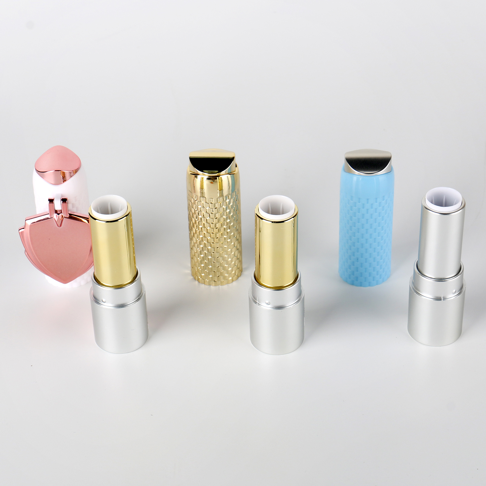 New Design Blue Rose Gold Lipstick Tube Packaging Luxury Empty Plastic Shield Shaped Mirror Lip Balm Container For Cosmetic