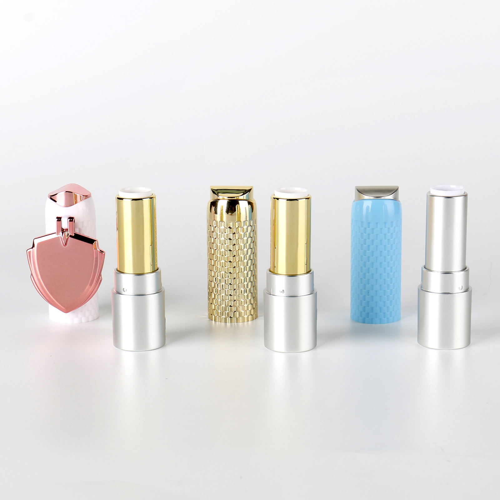 New Design Blue Rose Gold Lipstick Tube Packaging Luxury Empty Plastic Shield Shaped Mirror Lip Balm Container For Cosmetic