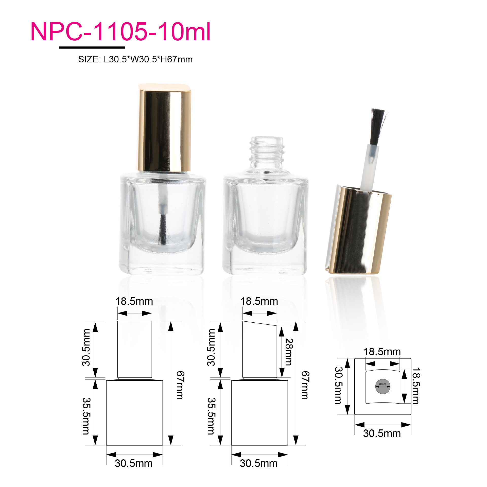 10ml Clear Square Shape Nail Oil Bottle 10ml Empty Rectangle Nail Polish Glass Bottle With Brush Gold Cap