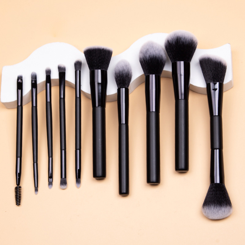 Black Handle Nylon Hair Eye Shadow Powder Double End Makeup Brush 10pcs Champagne Gold Custom Makeup Brush Set