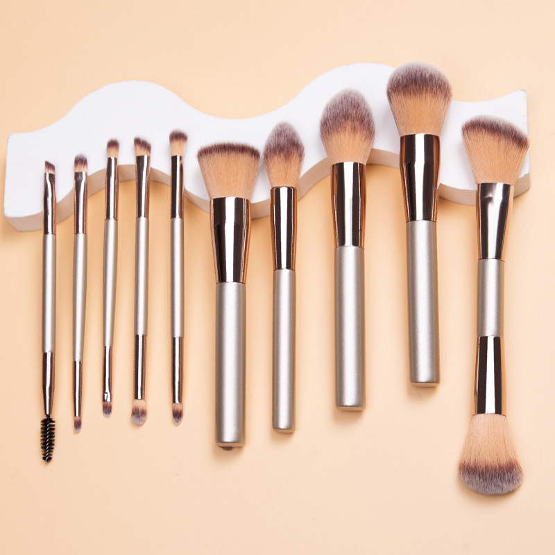 Black Handle Nylon Hair Eye Shadow Powder Double End Makeup Brush 10pcs Champagne Gold Custom Makeup Brush Set