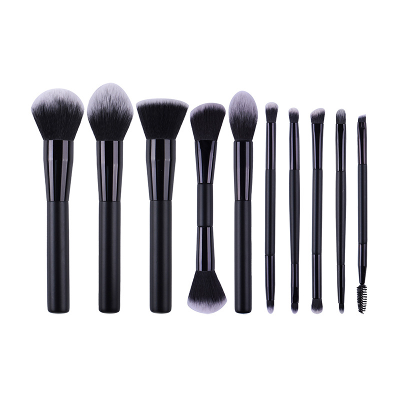 Black Handle Nylon Hair Eye Shadow Powder Double End Makeup Brush 10pcs Champagne Gold Custom Makeup Brush Set