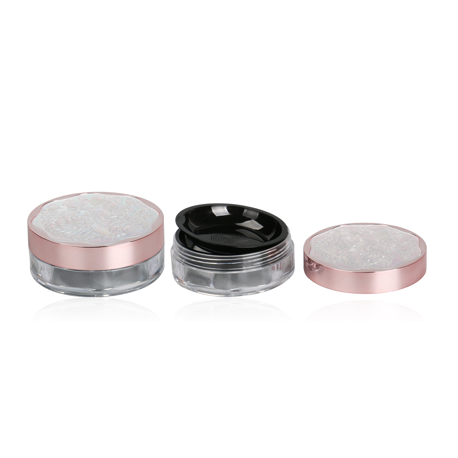 Embossed Design Cosmetic Empty Powder Container Case 20g Plastic Loose Powder Jar With Pull Inner Pan And Elastic Sifter