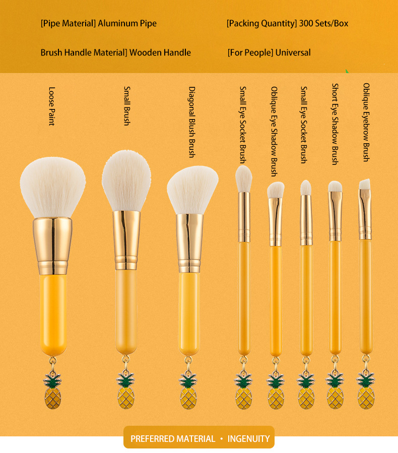 Professional Makeup Brush Fruit Pineapple Pendant High Quality 8pcs Wood Handle Private Label Makeup Brush Set