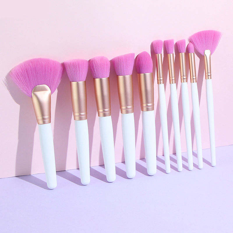 Eco Friendly White Wood Handle Fan Brush Pink Hair Synthetic Vegan Fiber Face Makeup Brush Set Custom Logo