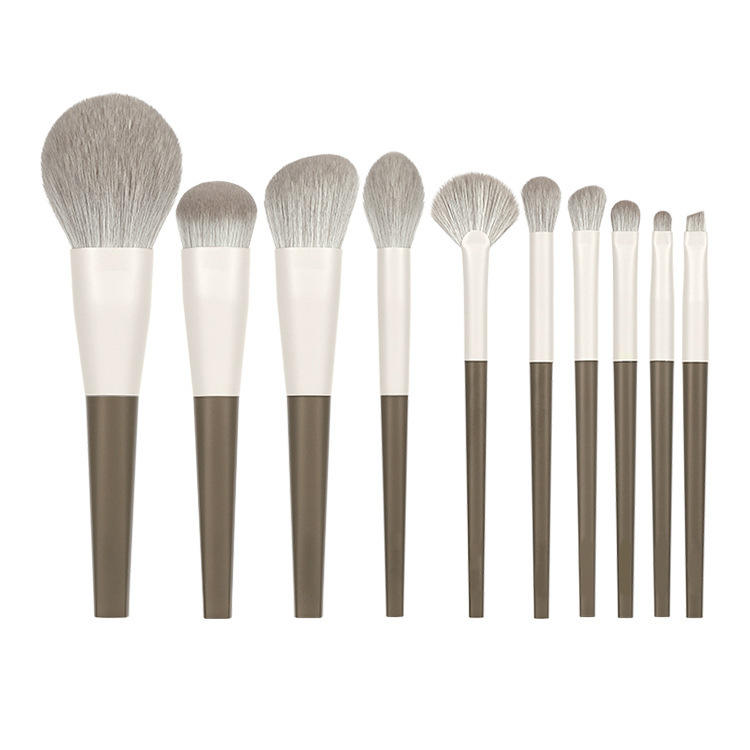 Milk Coffee Color Vegan Private Label Makeup Tool Brushes Set 10pcs Synthetic Hair Wood Handle Make Up Brushes