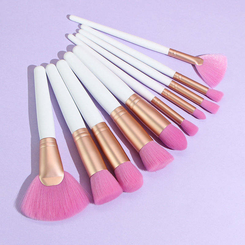 Eco Friendly White Wood Handle Fan Brush Pink Hair Synthetic Vegan Fiber Face Makeup Brush Set Custom Logo