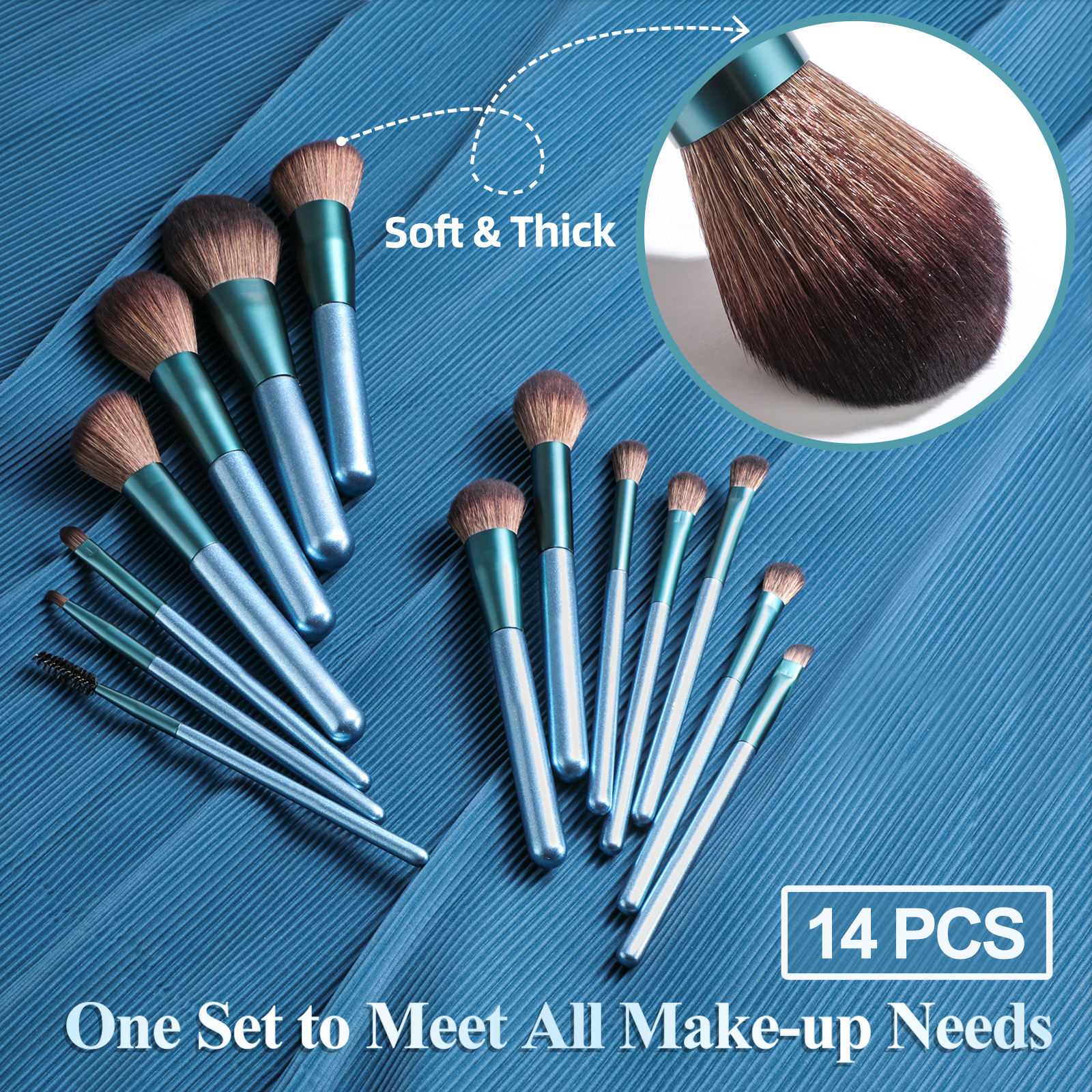 Customized 14pcs Blue Handle Soft Premium Synthetic Hair Custom Logo Face Cosmetic Make Up Brushes Set