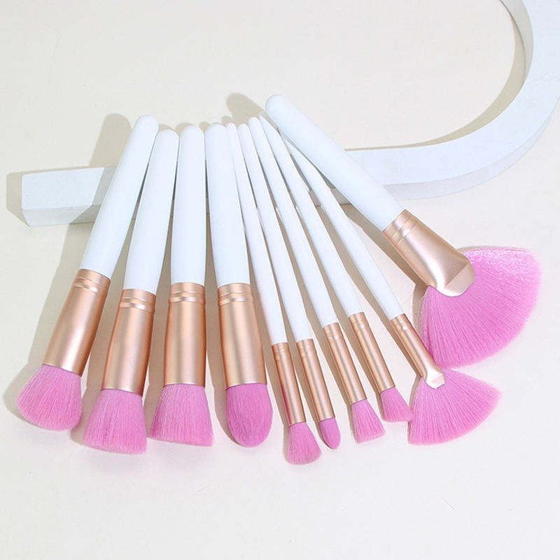 Eco Friendly White Wood Handle Fan Brush Pink Hair Synthetic Vegan Fiber Face Makeup Brush Set Custom Logo