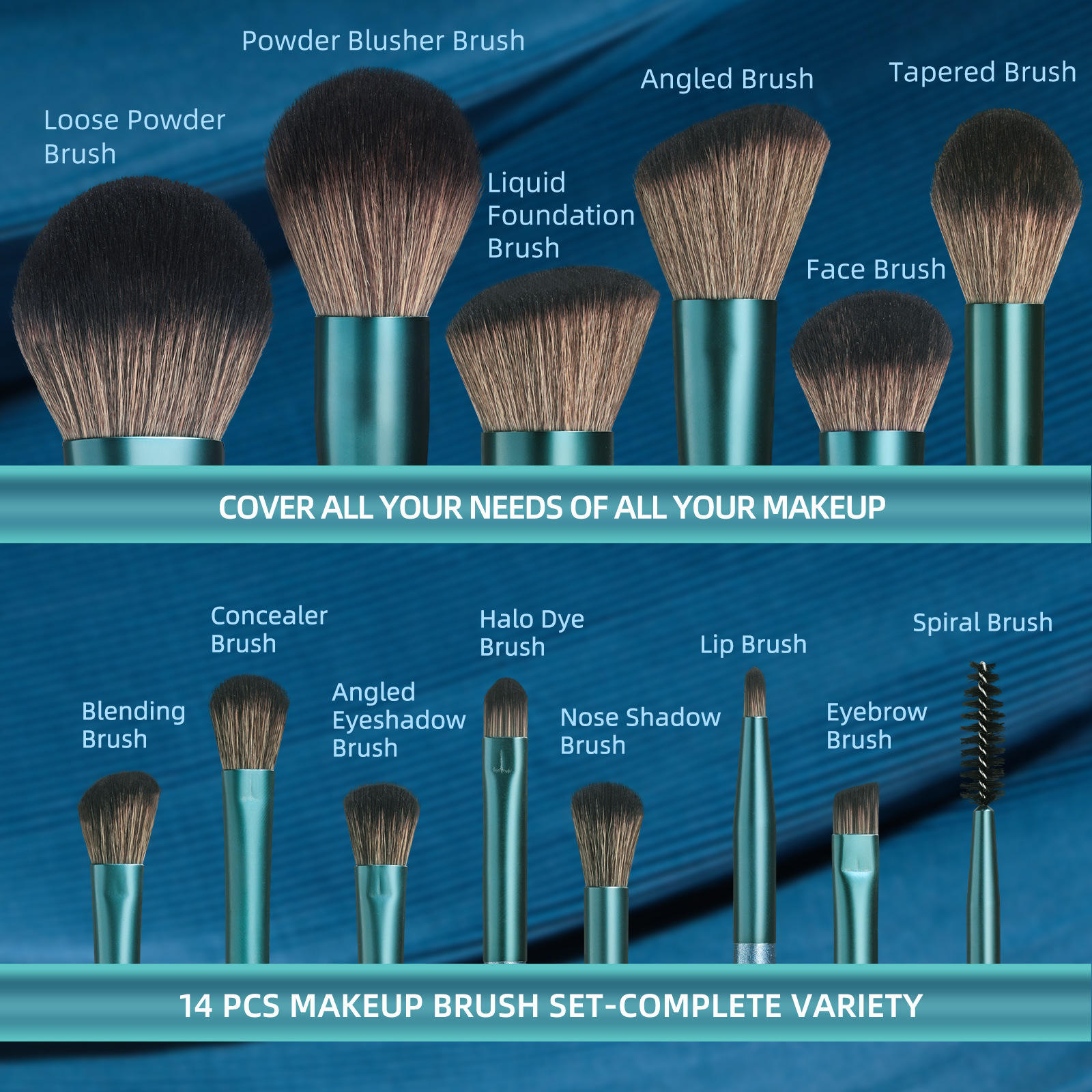 Customized 14pcs Blue Handle Soft Premium Synthetic Hair Custom Logo Face Cosmetic Make Up Brushes Set