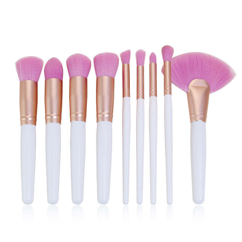 Eco Friendly White Wood Handle Fan Brush Pink Hair Synthetic Vegan Fiber Face Makeup Brush Set Custom Logo