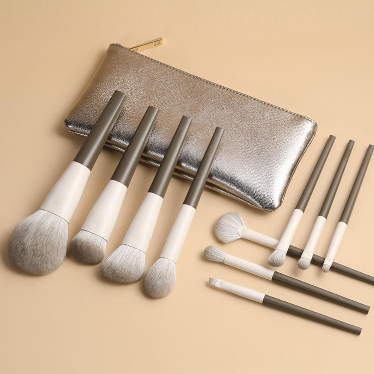 Milk Coffee Color Vegan Private Label Makeup Tool Brushes Set 10pcs Synthetic Hair Wood Handle Make Up Brushes