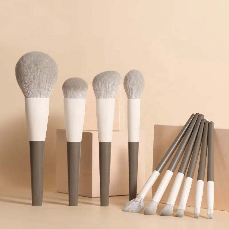 Milk Coffee Color Vegan Private Label Makeup Tool Brushes Set 10pcs Synthetic Hair Wood Handle Make Up Brushes