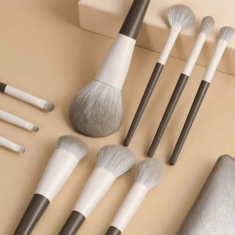 Milk Coffee Color Vegan Private Label Makeup Tool Brushes Set 10pcs Synthetic Hair Wood Handle Make Up Brushes