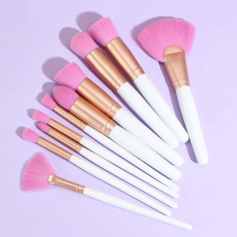 Eco Friendly White Wood Handle Fan Brush Pink Hair Synthetic Vegan Fiber Face Makeup Brush Set Custom Logo