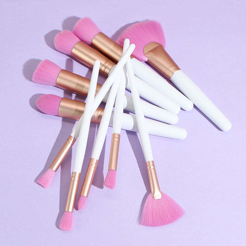 Eco Friendly White Wood Handle Fan Brush Pink Hair Synthetic Vegan Fiber Face Makeup Brush Set Custom Logo