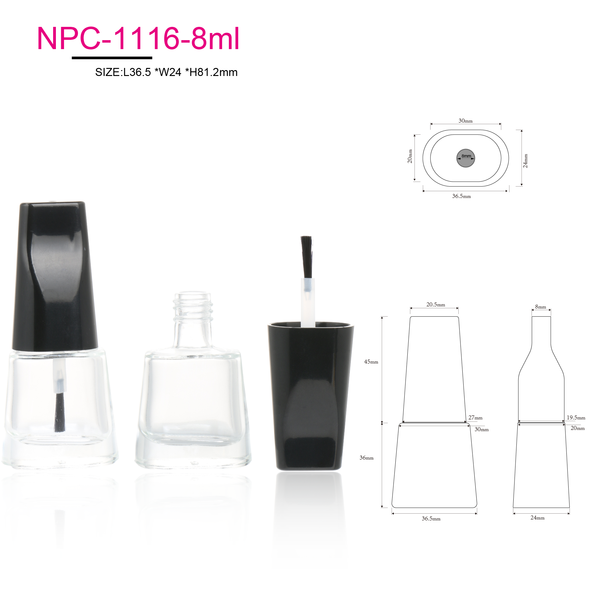 Refillable 8ml Tapered Unique Design Empty Clear Glass Nail Polish Bottle With Brush And Decorative Cap