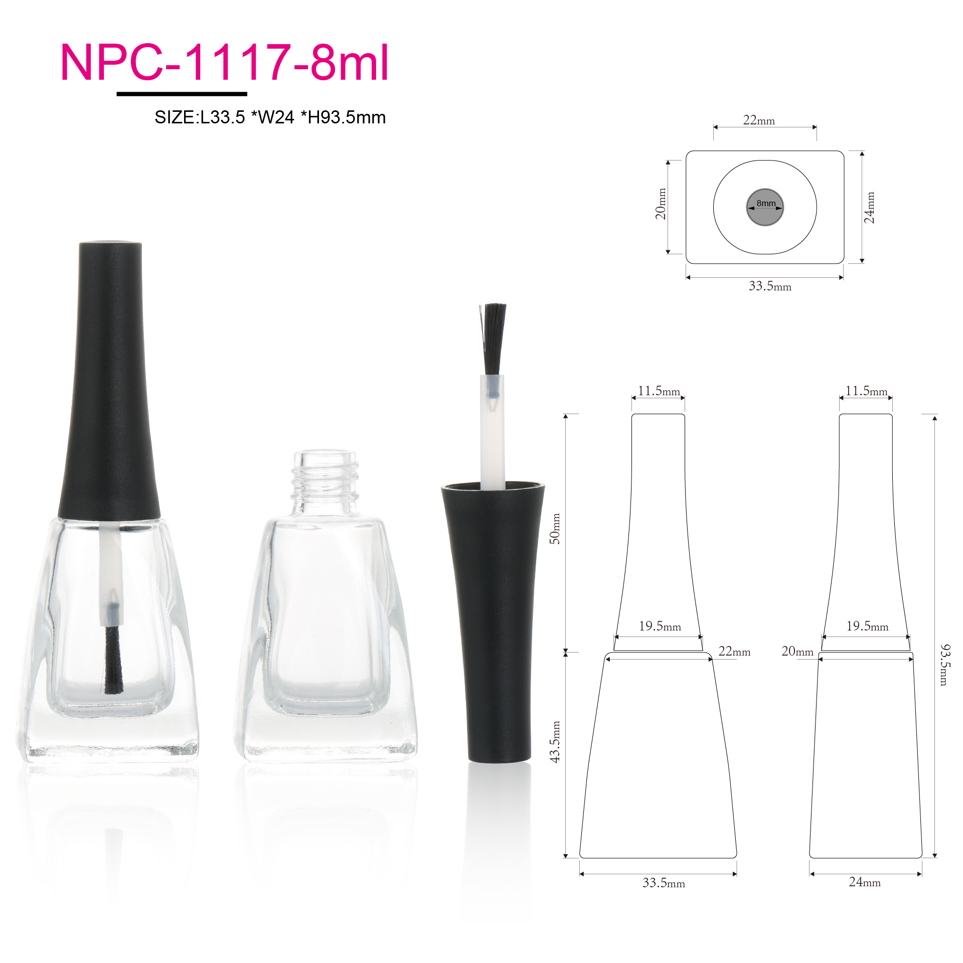 Refillable 8ml Tapered Unique Design Empty Clear Glass Nail Polish Bottle With Brush And Decorative Cap