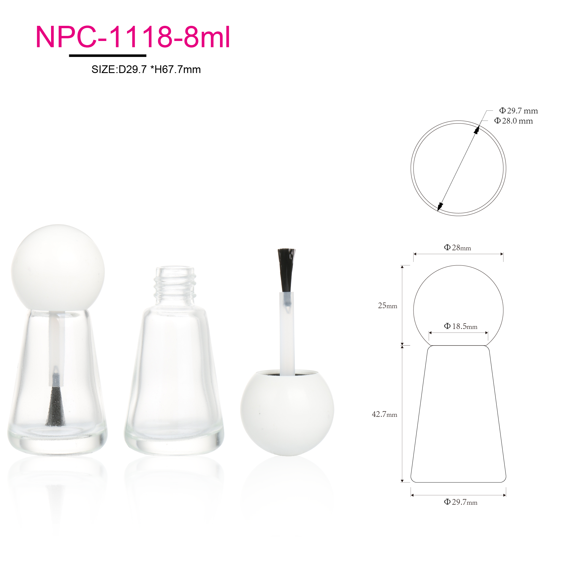 Refillable 8ml Tapered Unique Design Empty Clear Glass Nail Polish Bottle With Brush And Decorative Cap