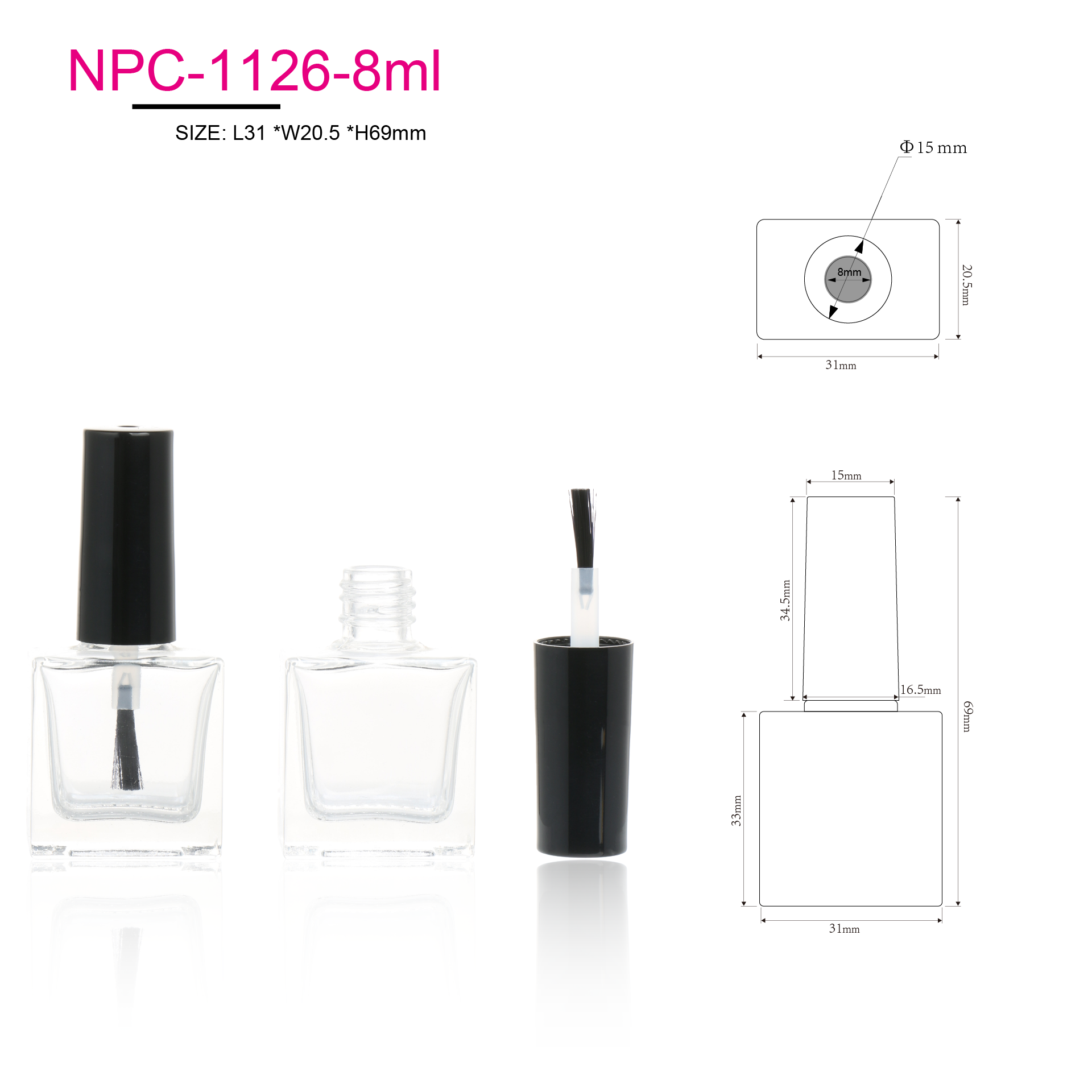 Empty Nail Polish Glass Bottles Square Bottom Shape Transparent 10ml Nail Polish Bottle With Plastic Brush And Black Cap