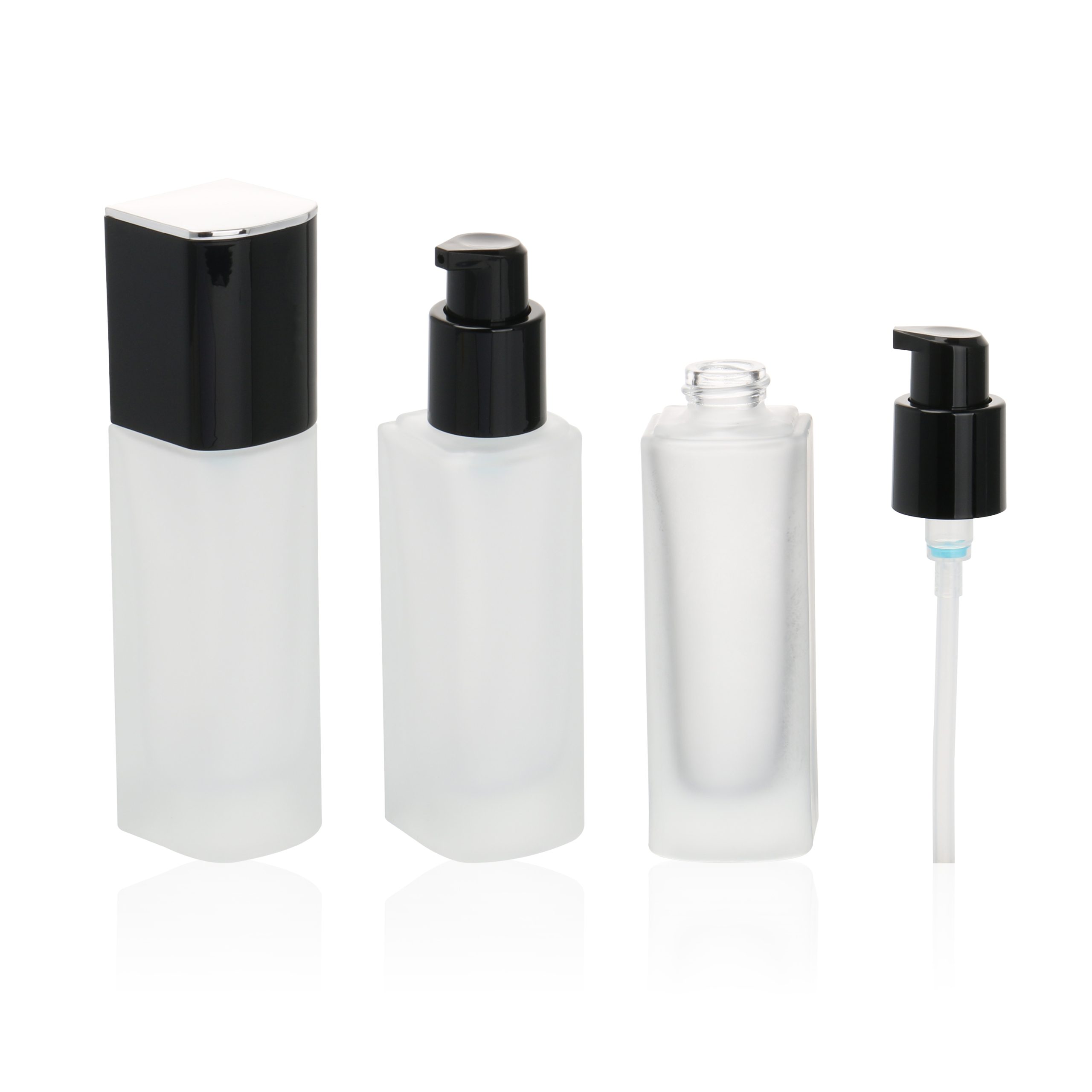 Transparent Flat Square 30ml Liquid Foundation Bottle 30g Cream Jar Frosted Glass Bottles With Lotion Pump