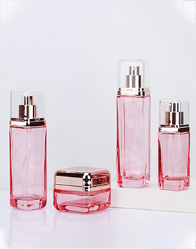 Custom Luxury Glass Face Cream Skincare Packaging Bottle And Jar Empty Square Lotion Pump Pink Cosmetic Glass Bottle