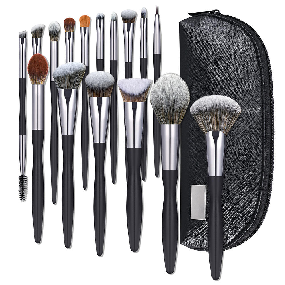 Best Seller Professional 16pcs Private Label Makeup Brush Set Custom Black Handle Synthetic Hair Makeup Brushes With Brush Bag