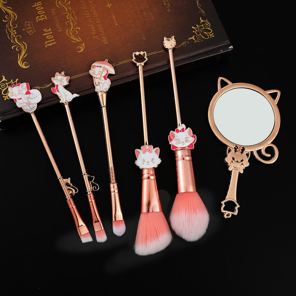 Cartoon Character Marie Cat The Aristocats Makeup Brushes Set Pink Rose Gold Blush Eye Shadow Brush With Mirror For Girls Gift