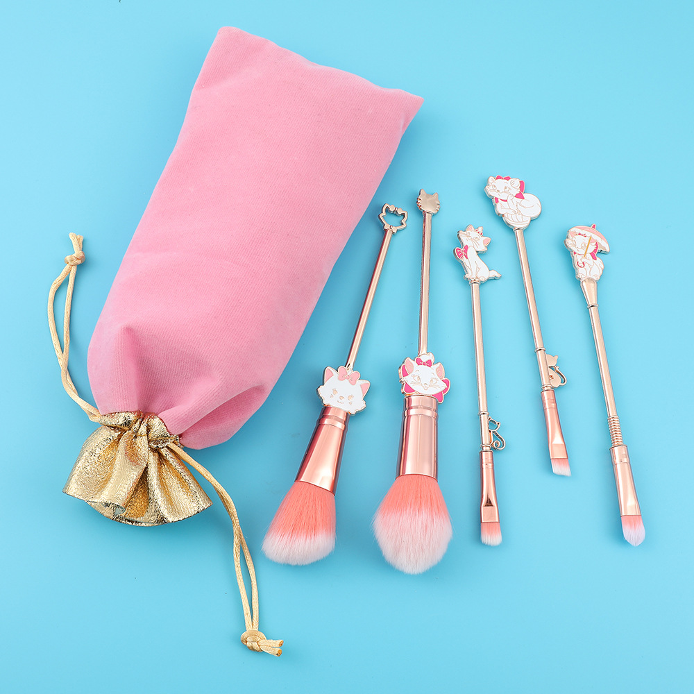 Cartoon Character Marie Cat The Aristocats Makeup Brushes Set Pink Rose Gold Blush Eye Shadow Brush With Mirror For Girls Gift