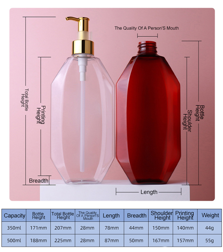 Luxury Unique Design PET Cosmetic Packaging 500ml Square Plastic Shower Gel Body Lotion Cream Shampoo Bottle