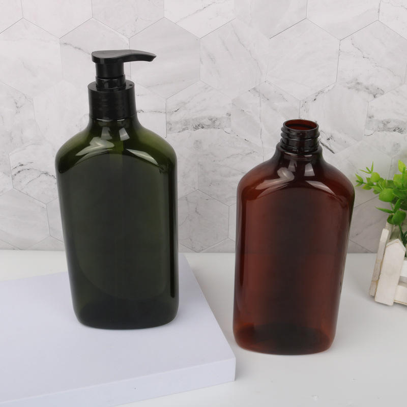 Custom Round Square Flat Green Amber Color Empty 500ml Liquid Soap Shampoo Body Wash Lotion Pump PET Plastic Bottle