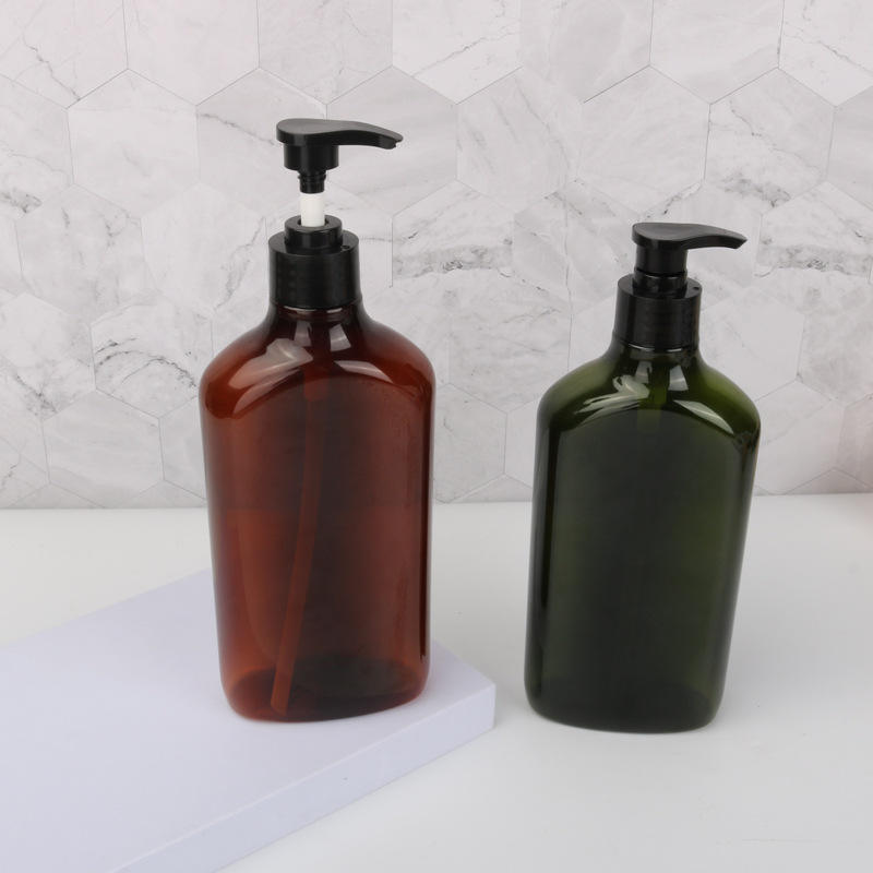 Custom Round Square Flat Green Amber Color Empty 500ml Liquid Soap Shampoo Body Wash Lotion Pump PET Plastic Bottle