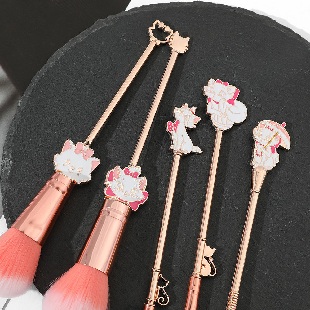 Cartoon Character Marie Cat The Aristocats Makeup Brushes Set Pink Rose Gold Blush Eye Shadow Brush With Mirror For Girls Gift