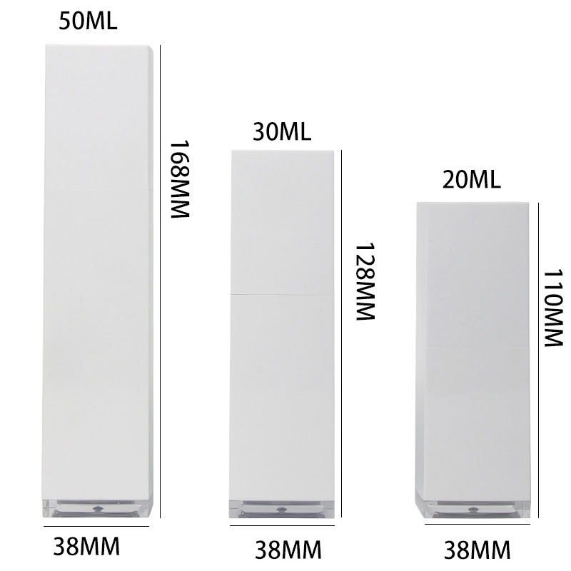 Customized 20ml 30ml 50ml White Luxury Cosmetics Containers Square PP Plastic Cosmetic Lotion Pump Airless Bottle