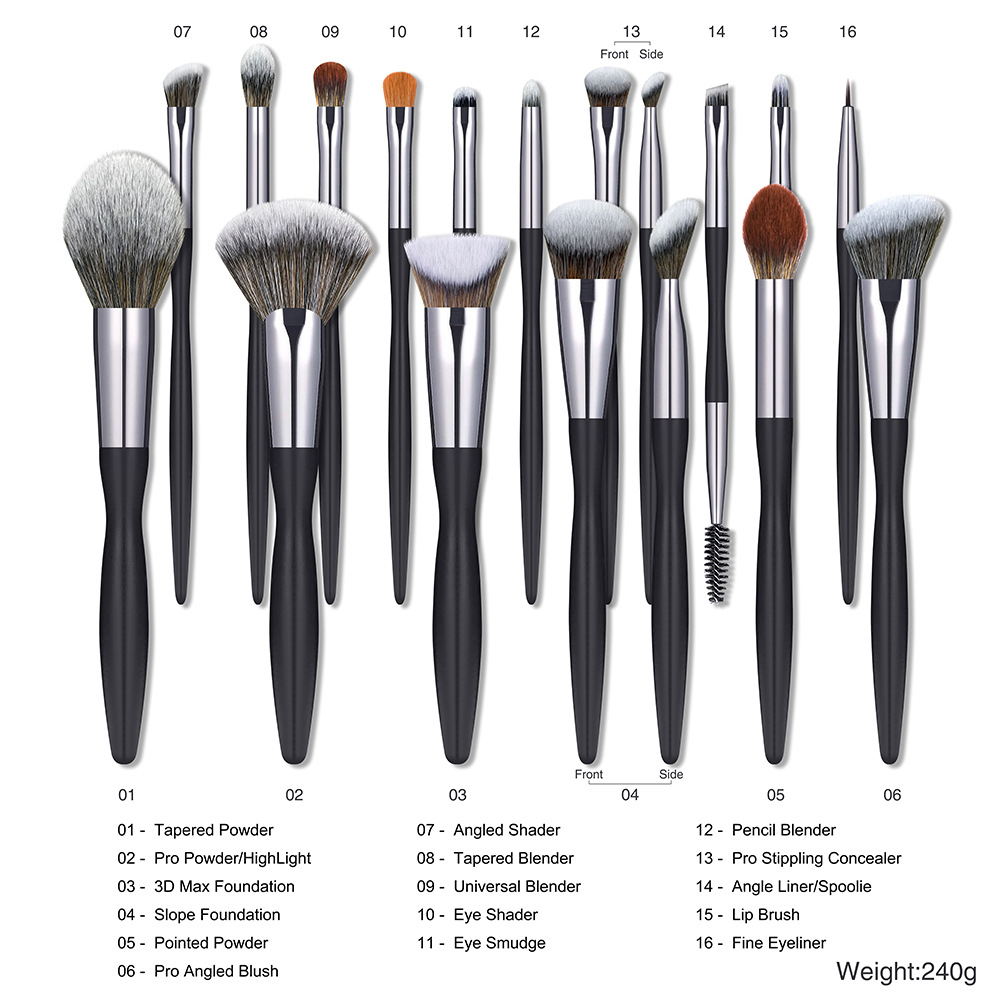 Best Seller Professional 16pcs Private Label Makeup Brush Set Custom Black Handle Synthetic Hair Makeup Brushes With Brush Bag