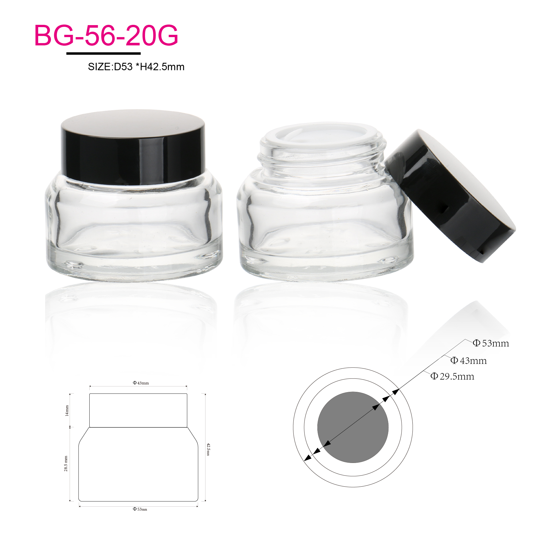 Transparent Inclined Shoulder Container 15g 30g Empty Slanted Shoulder Glass Face Cream Eye Cream Jars With Black Lid